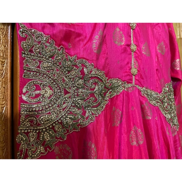 Hot Pink and Gold Embroidered Gown - Picture 2 of 4